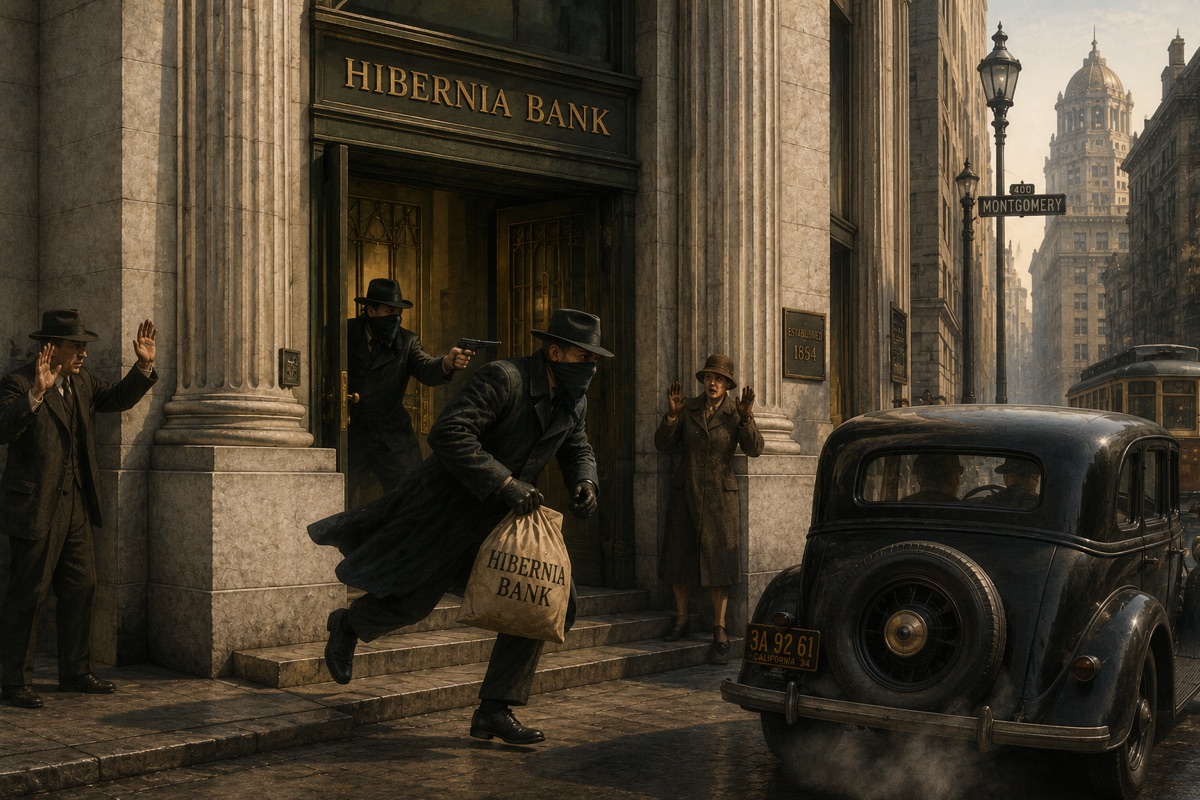 A 1930s-style bank robbery outside the Hibernia Bank — masked figures, a cash bag, bystanders with hands raised