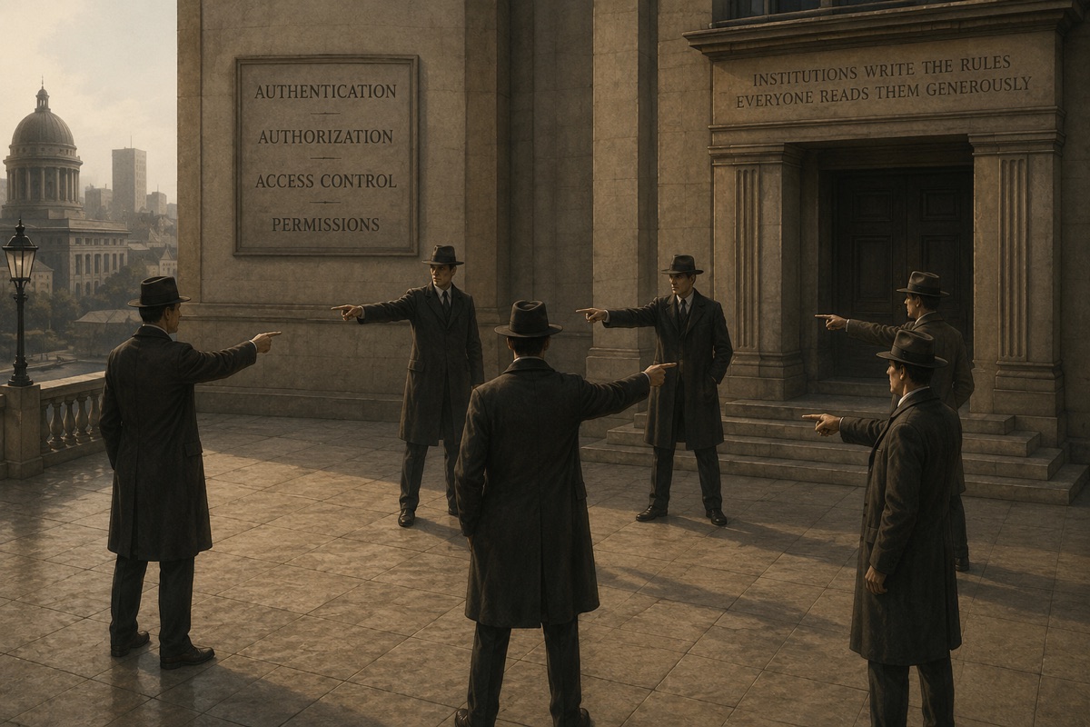 Figures in overcoats and fedoras stand in a circle outside a neoclassical bank, each pointing at someone else. The facade reads: Institutions write the rules, everyone reads them generously.